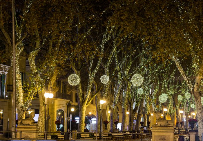 Spain Palma Majorca old town center at night, passeig des born, at Christmas.