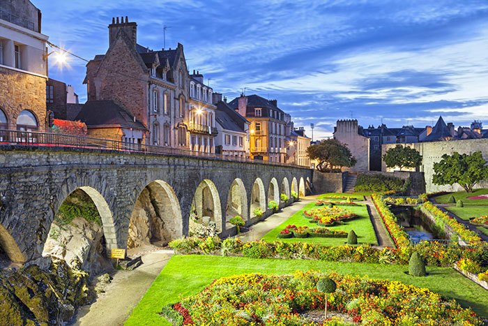 Flower garden at the castle walls in the city Vannes, Brittany, France