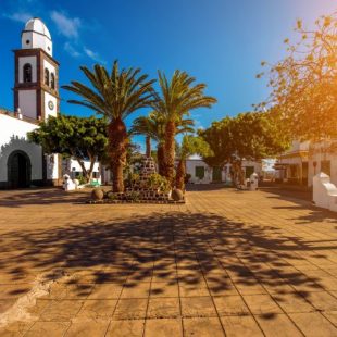 Central old square with San Gines church in Arrecife city on Lanzarote island in Spain